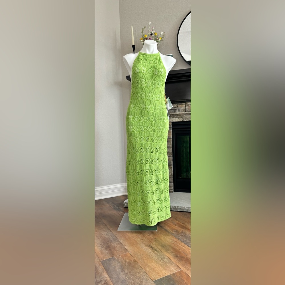 House of Harlow 1960 Medium Lime Green Knit Crochet Maxi Dress Swim Cover Up NWT